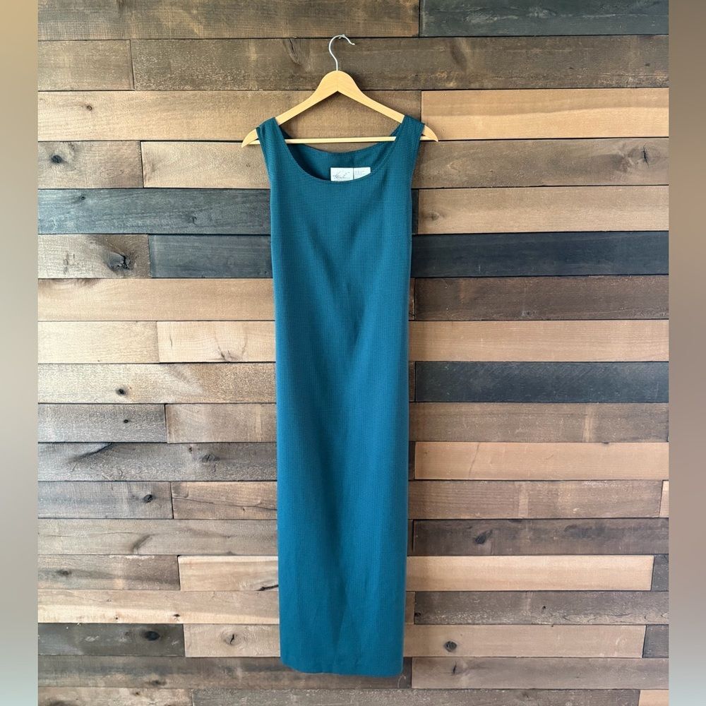 Vintage Kathie Lee Collection Teal Checkered Sleeveless Midi Dress Minimal 90s - Picture 1 of 9